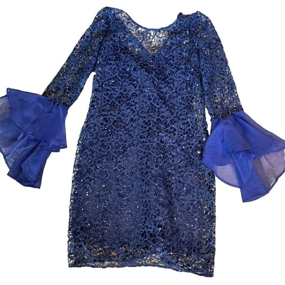 Alex Evenings Sheer Lace Sequin Dress w/ Slip Navy Bell Sleeves Fairy Whimsical - Picture 2 of 13